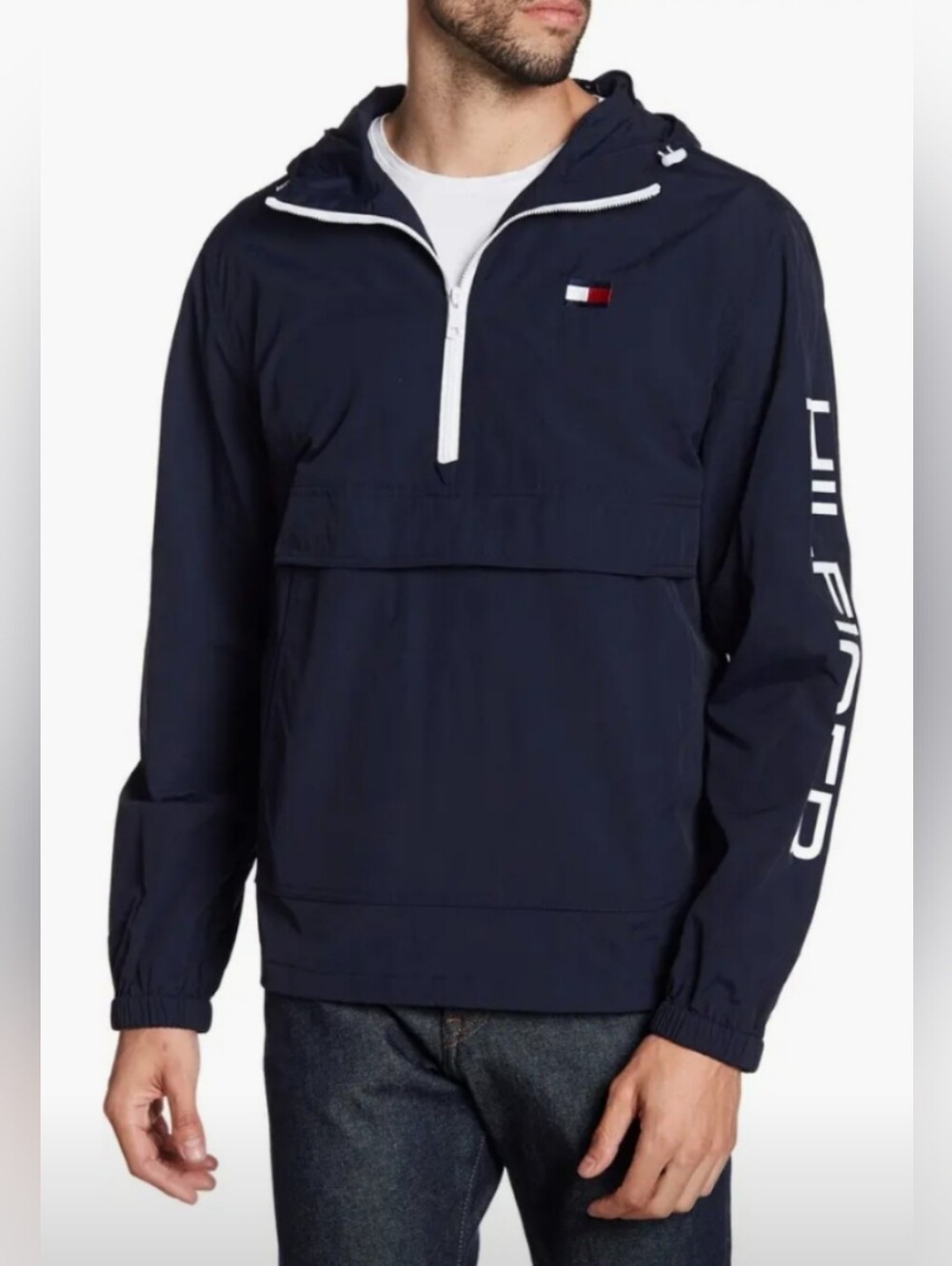 Tommy Hilfiger- Navy Hooded Pullover Windbreaker with White Trim
